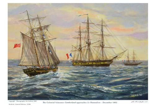 Colonial Schooner, CUMBERLAND approaches LE NATURALISTE, King Island 1802.